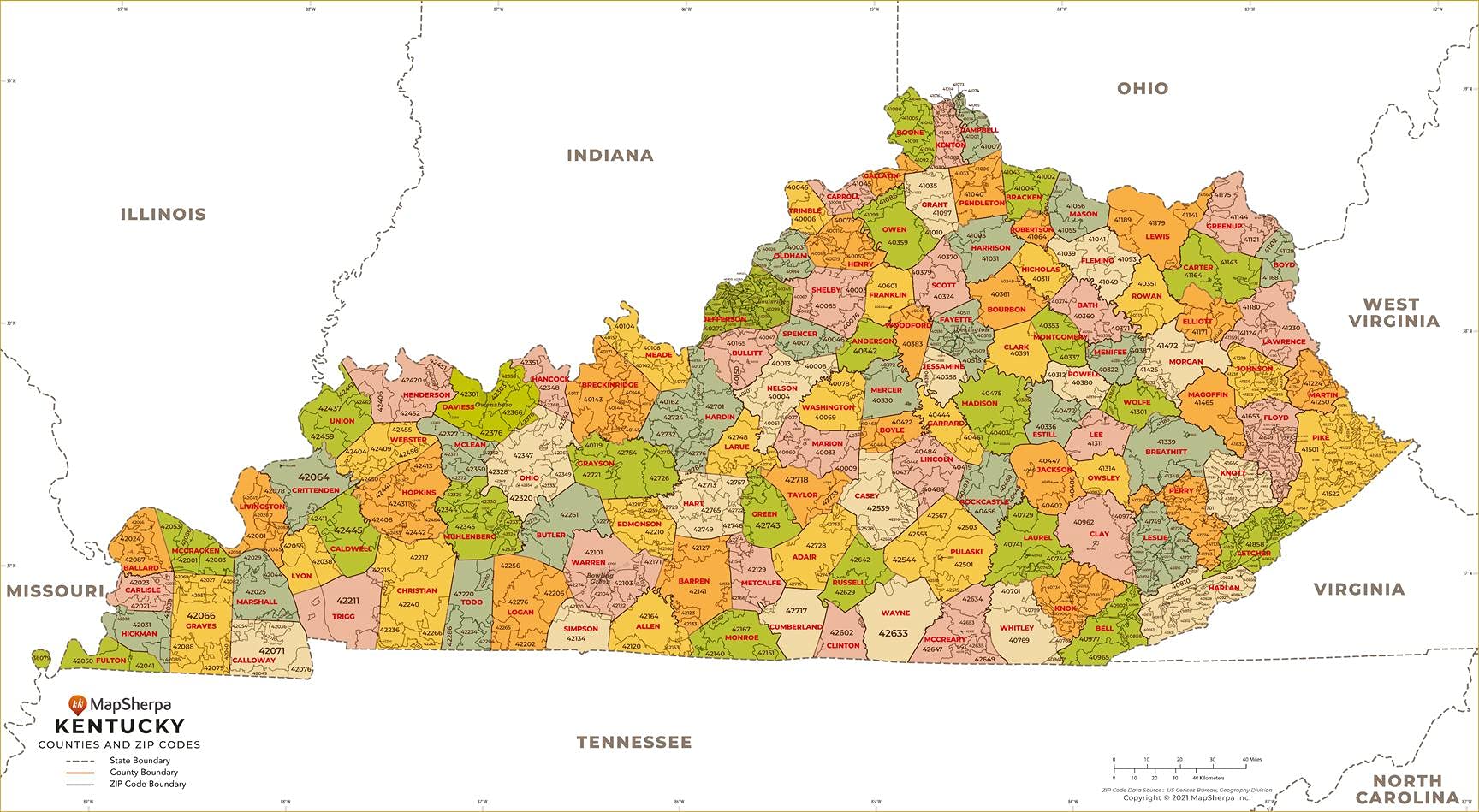 Amazon.com : Kentucky ZIP Code Map with Counties - Standard - 36